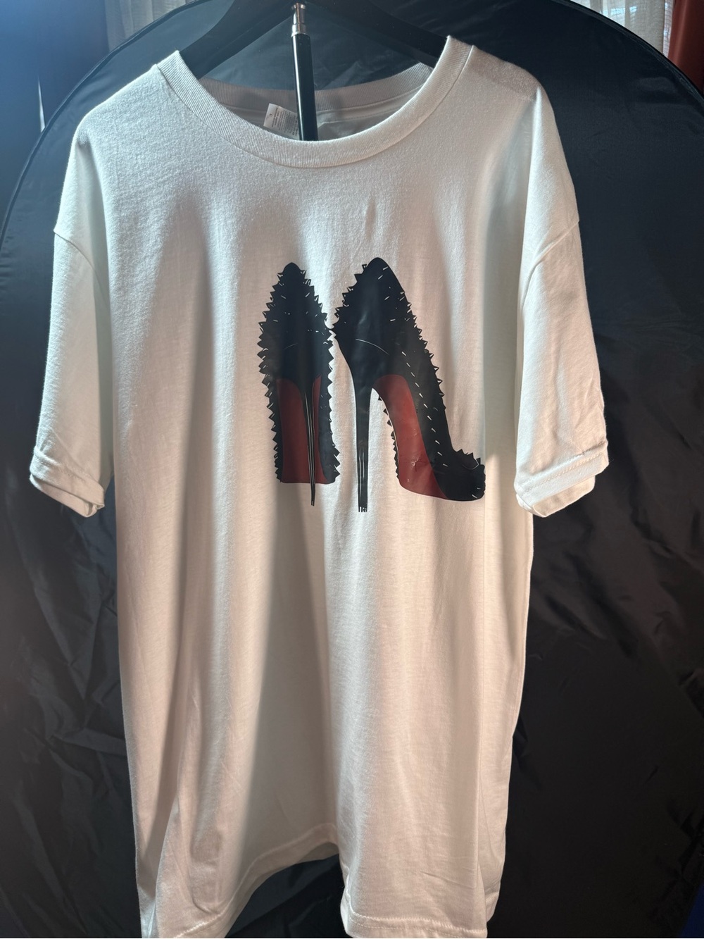 Source Unknown White Tee with Black & Red Stiletto Graphic